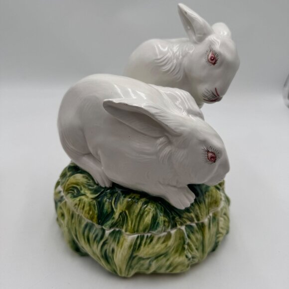 Pair of Bunny on top an  ITALIAN CACHEPOT Easter spring large read white green - Picture 5 of 16